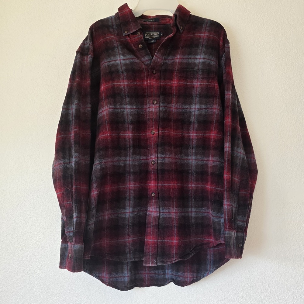 Pendleton Mason Mens Red Grey Plaid Wool Flannel Button Down Shirt Size‎ L